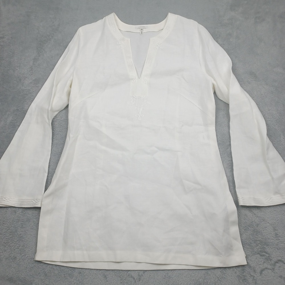 Escada Top Womens 38 White Linen Tunic‎ Long Sleeve Preppy